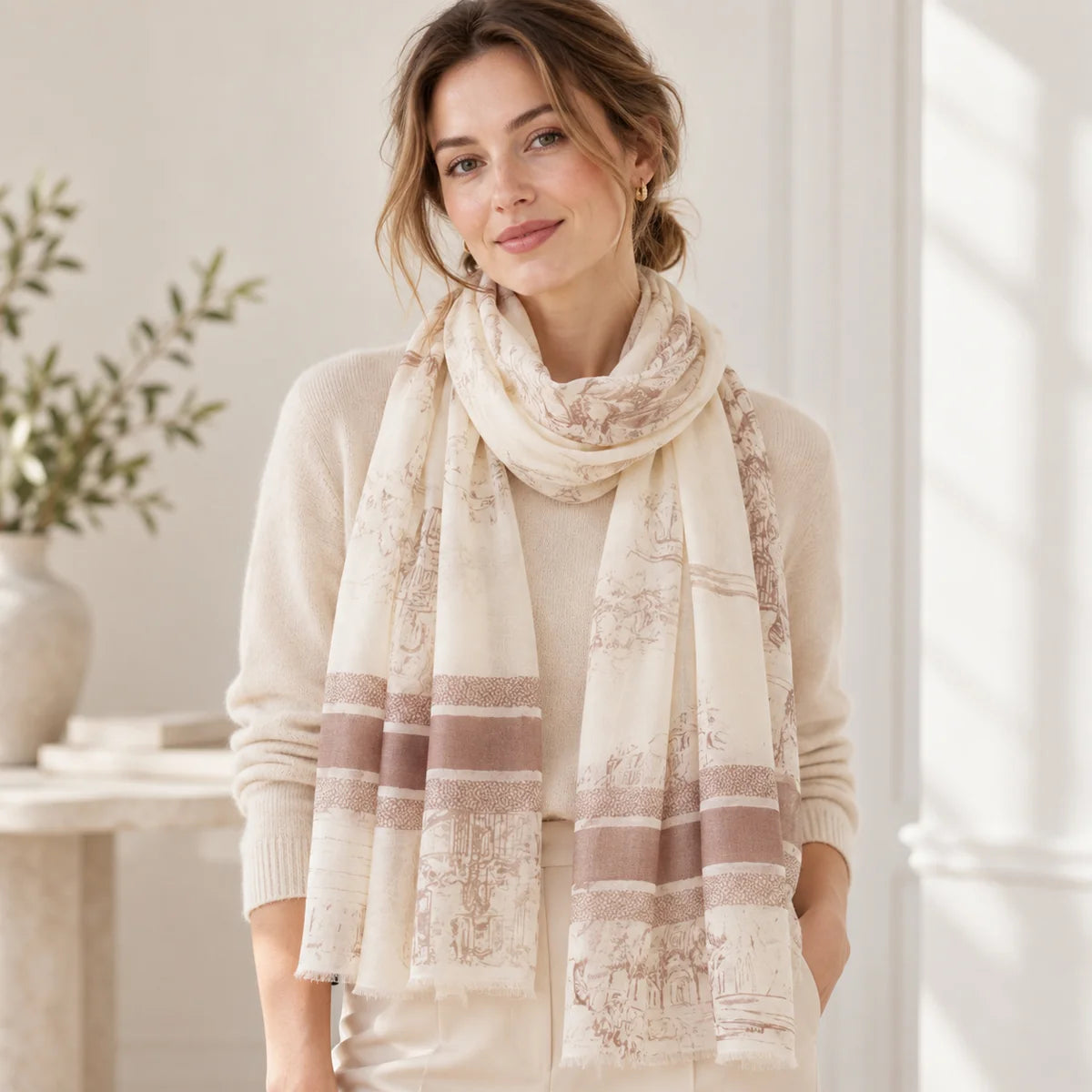 Scenic Sketch Print Cashmere Scarf