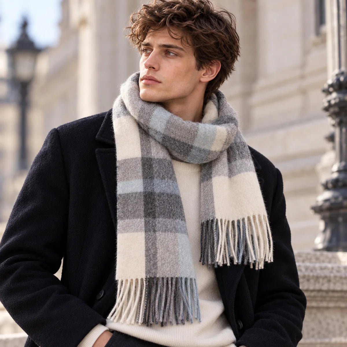 Powder Blue Plaid Wool Scarf