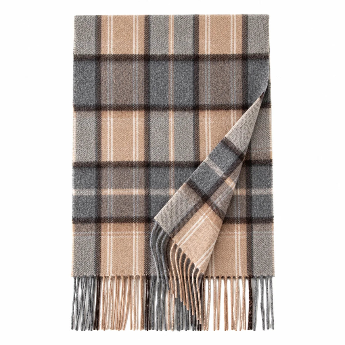 Gray and Camel Plaid Cashmere Scarf