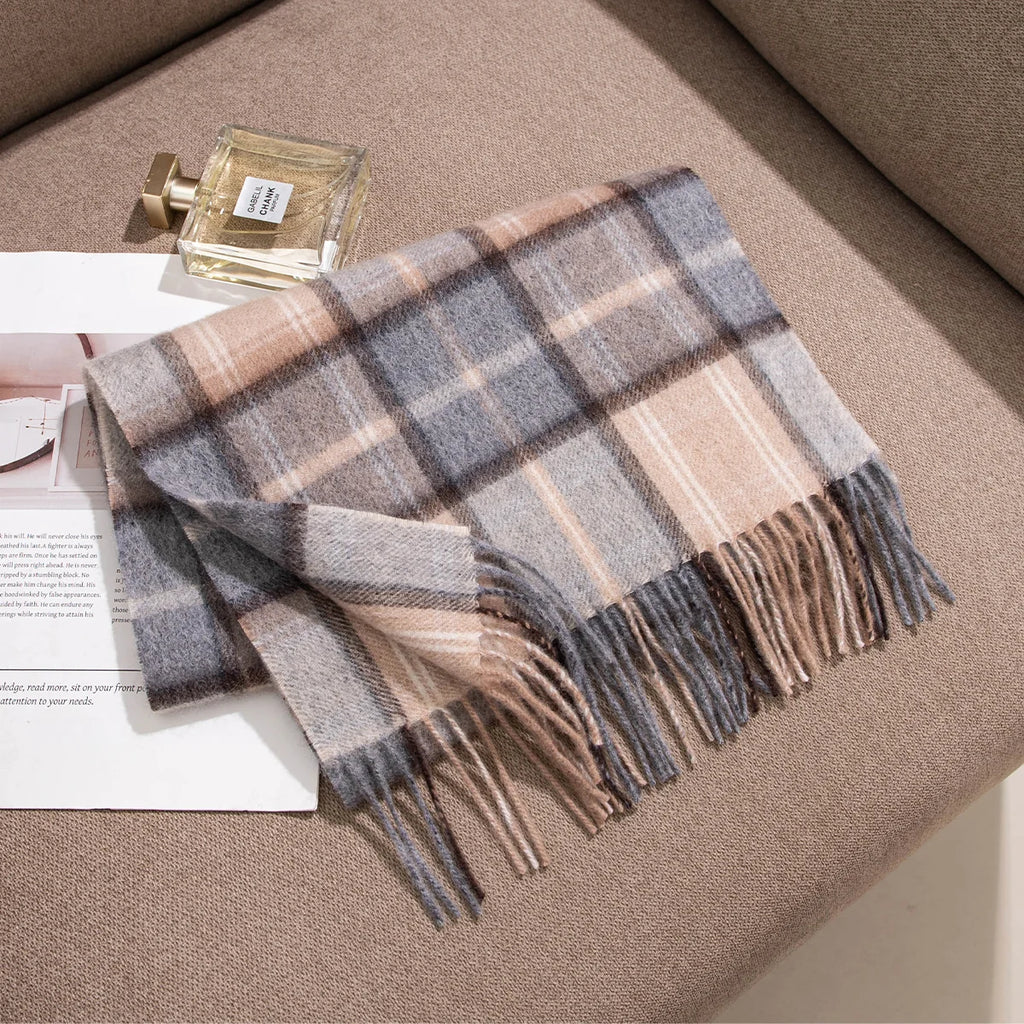 Gray and Camel Plaid Cashmere Scarf
