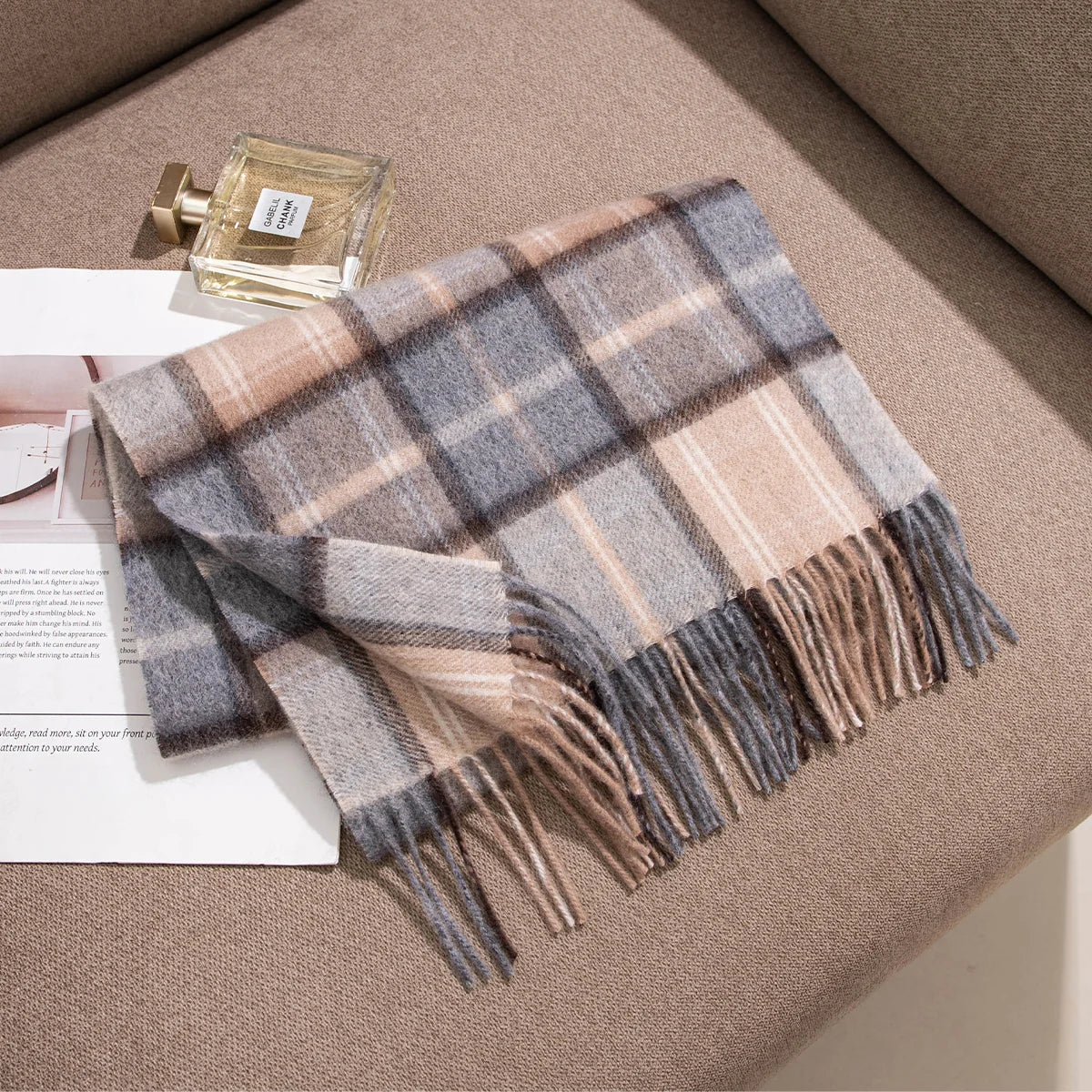 Gray and Camel Plaid Cashmere Scarf