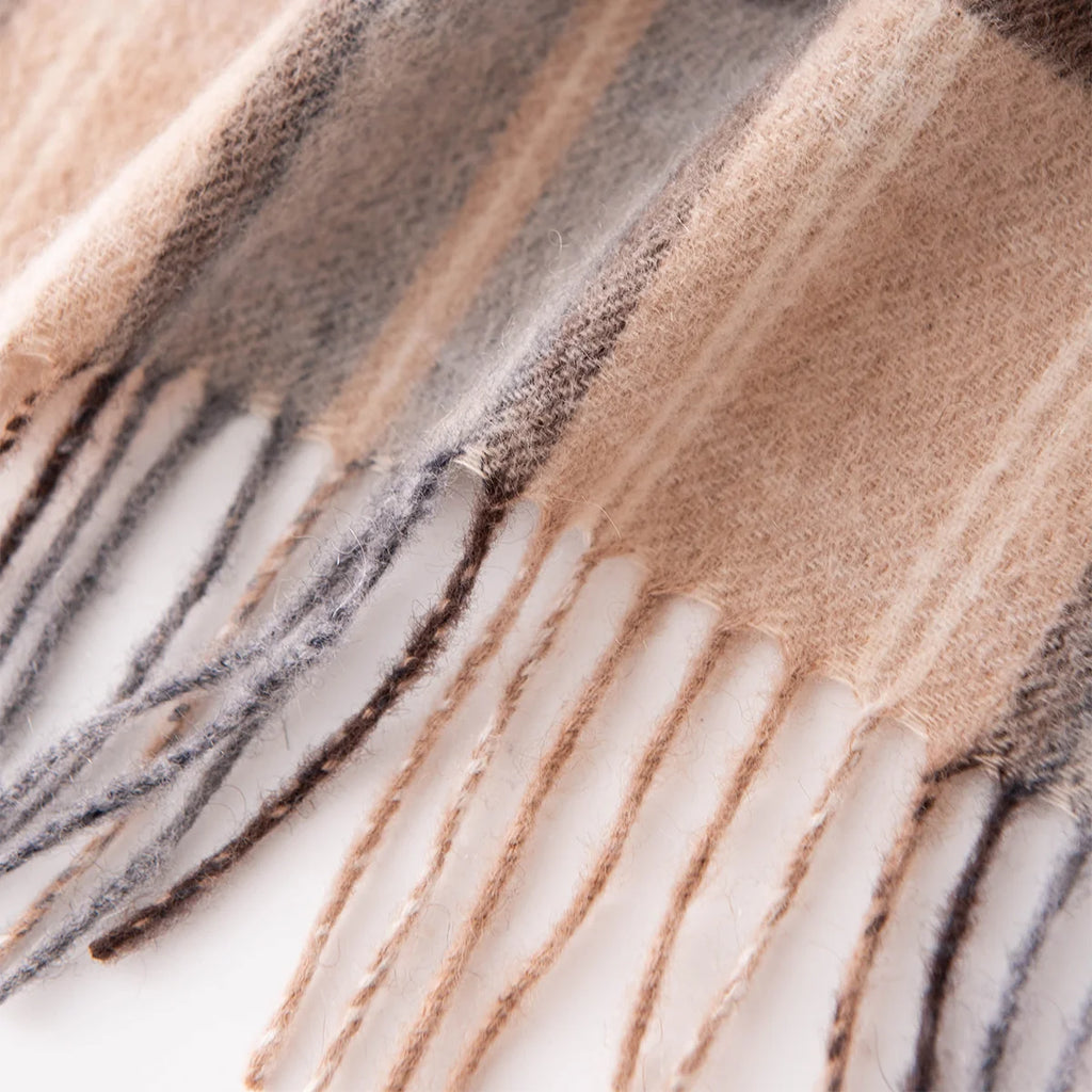Gray and Camel Plaid Cashmere Scarf