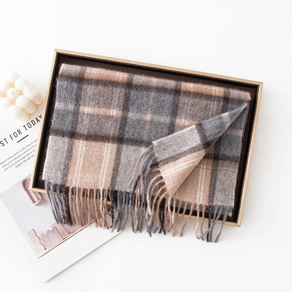 Gray and Camel Plaid Cashmere Scarf