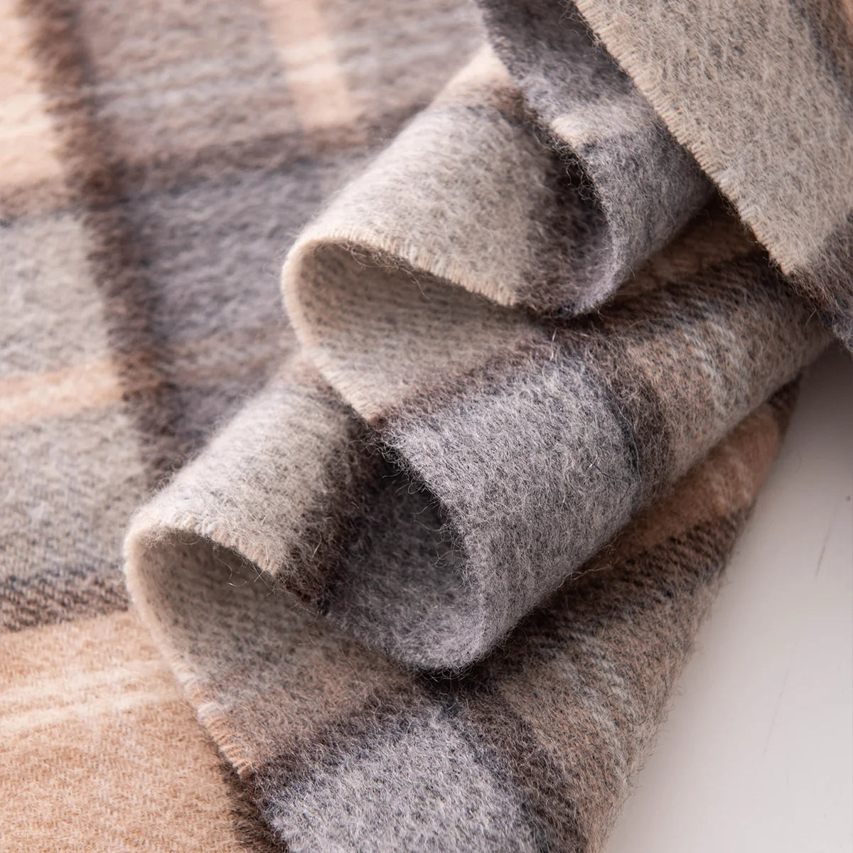 Gray and Camel Plaid Cashmere Scarf