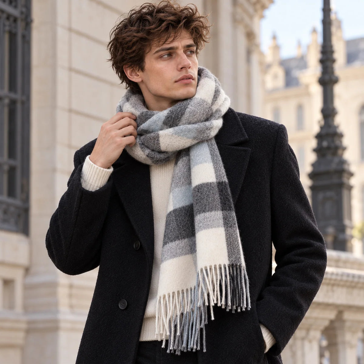 Silver Mist Plaid Cashmere Scarf
