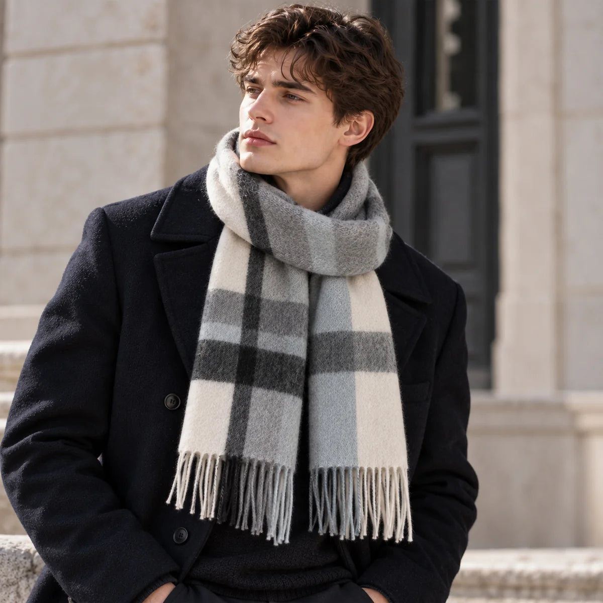 Gray Cream Plaid Cashmere Scarf