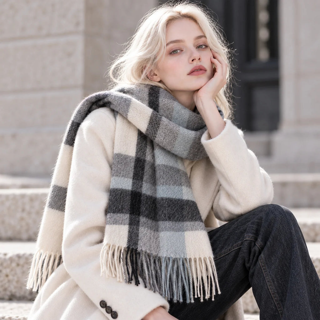 Gray Cream Plaid Cashmere Scarf