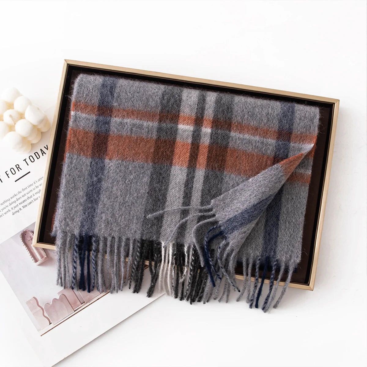 Gray Rust Plaid Cashmere Scarf