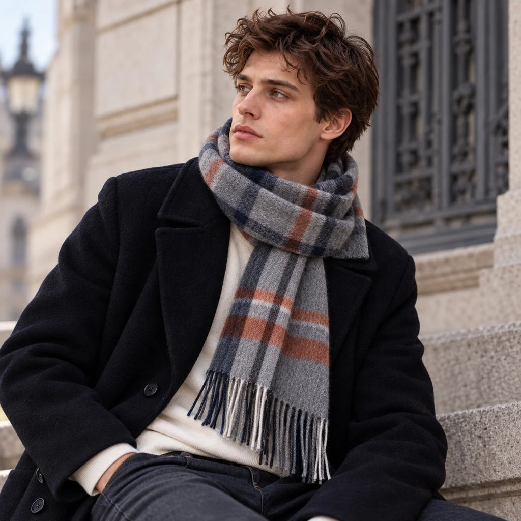 Gray Rust Plaid Cashmere Scarf