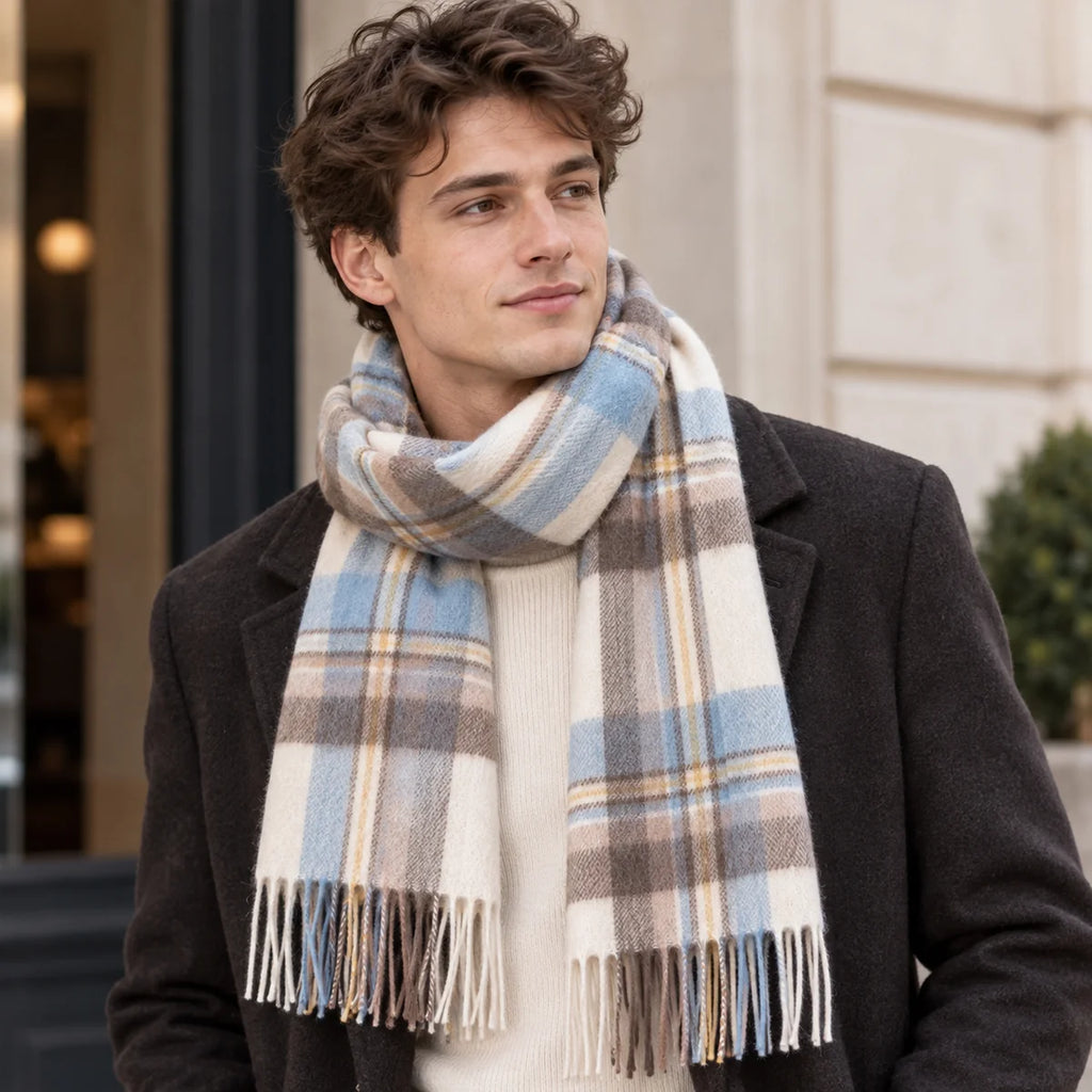 Blue and Brown Plaid Cashmere Scarf