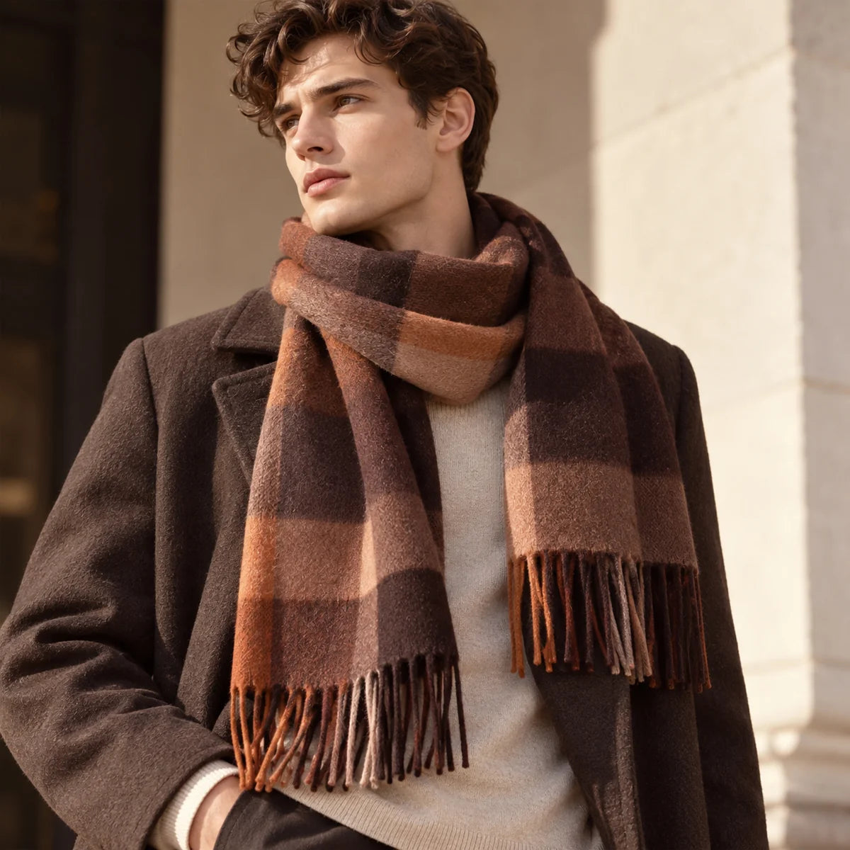 Brushed Block Check Wool Scarf