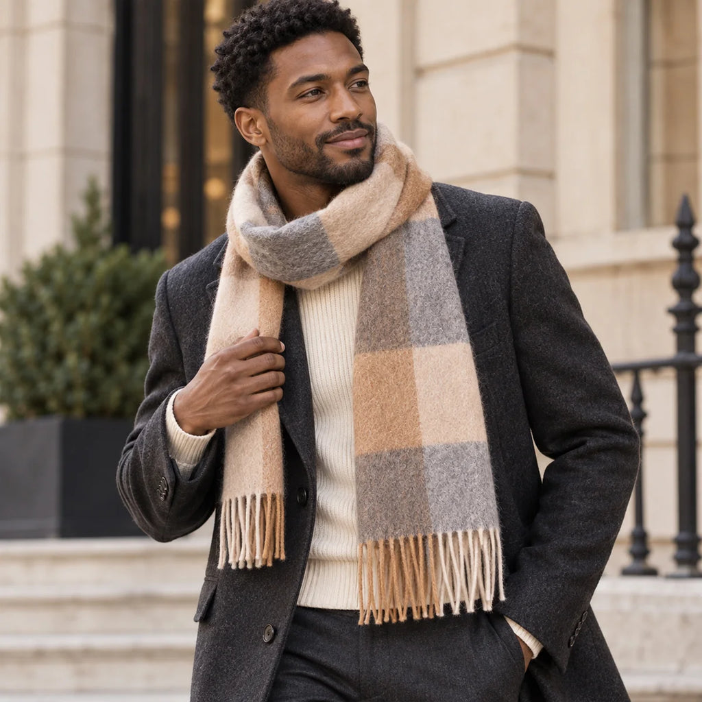 Camel Gray Check Cashmere Scarf