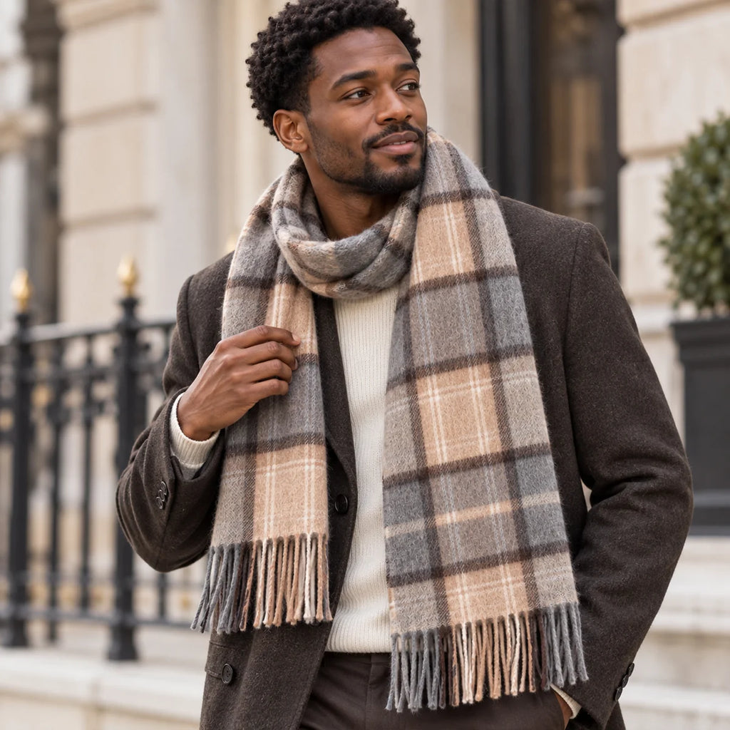 Gray and Camel Plaid Cashmere Scarf