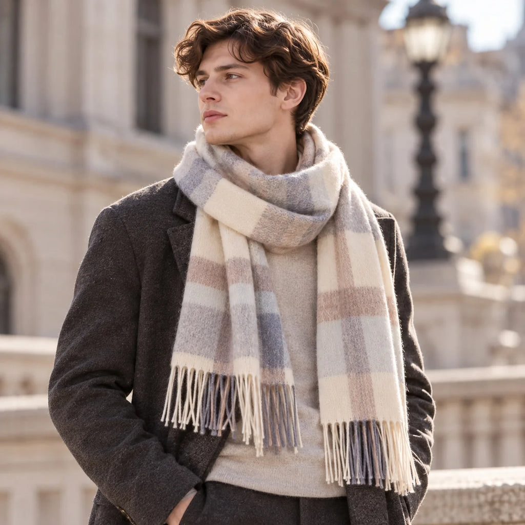 Peach Gray Check Wool Scarf