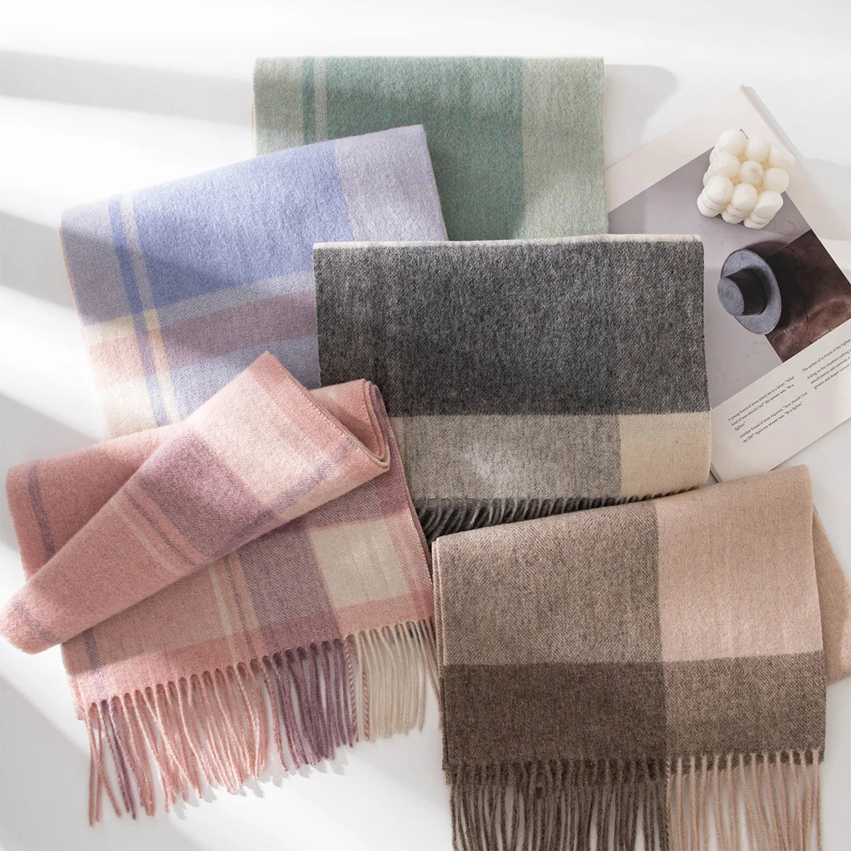 Brushed Block Check Wool Scarf