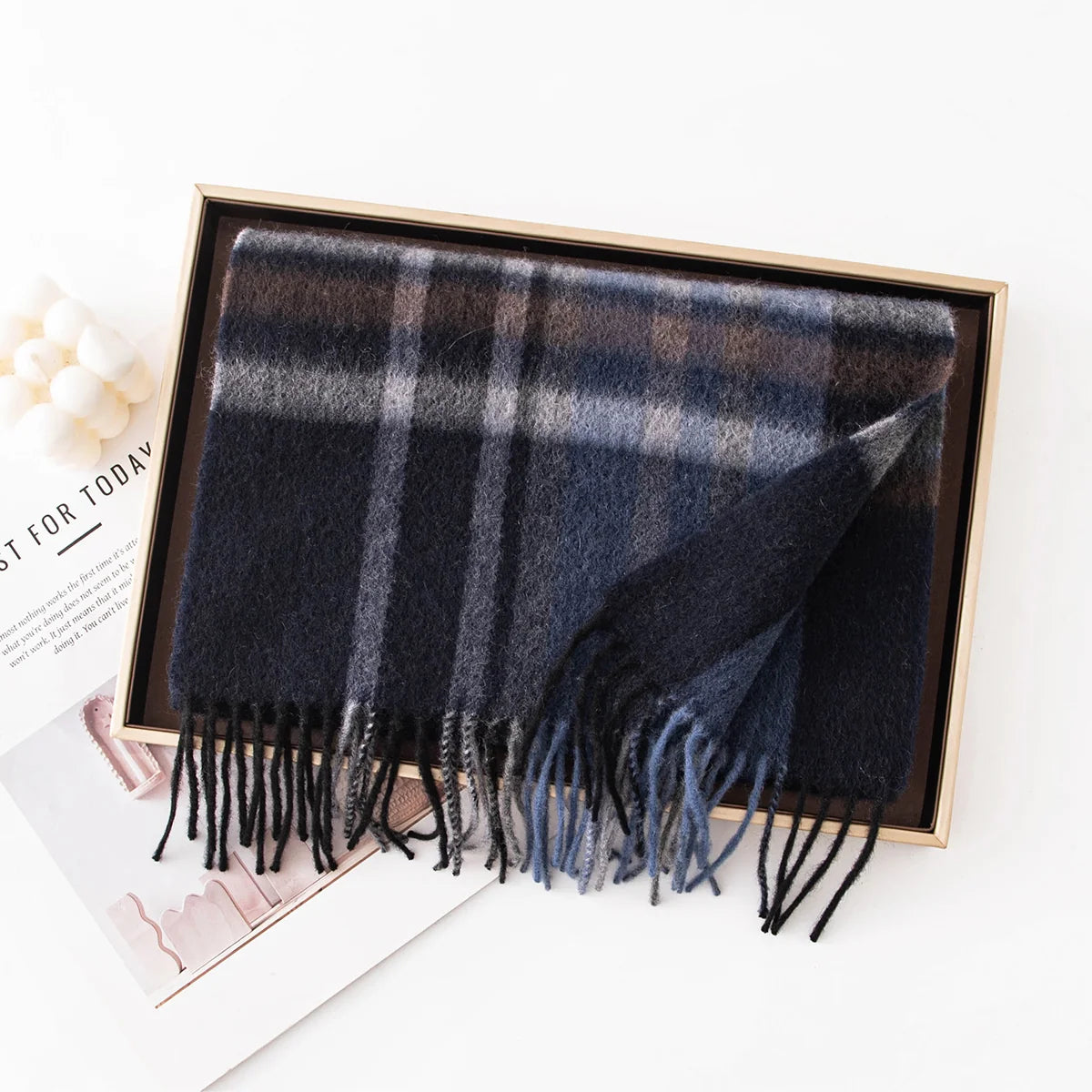 Navy Black Plaid Cashmere Scarf