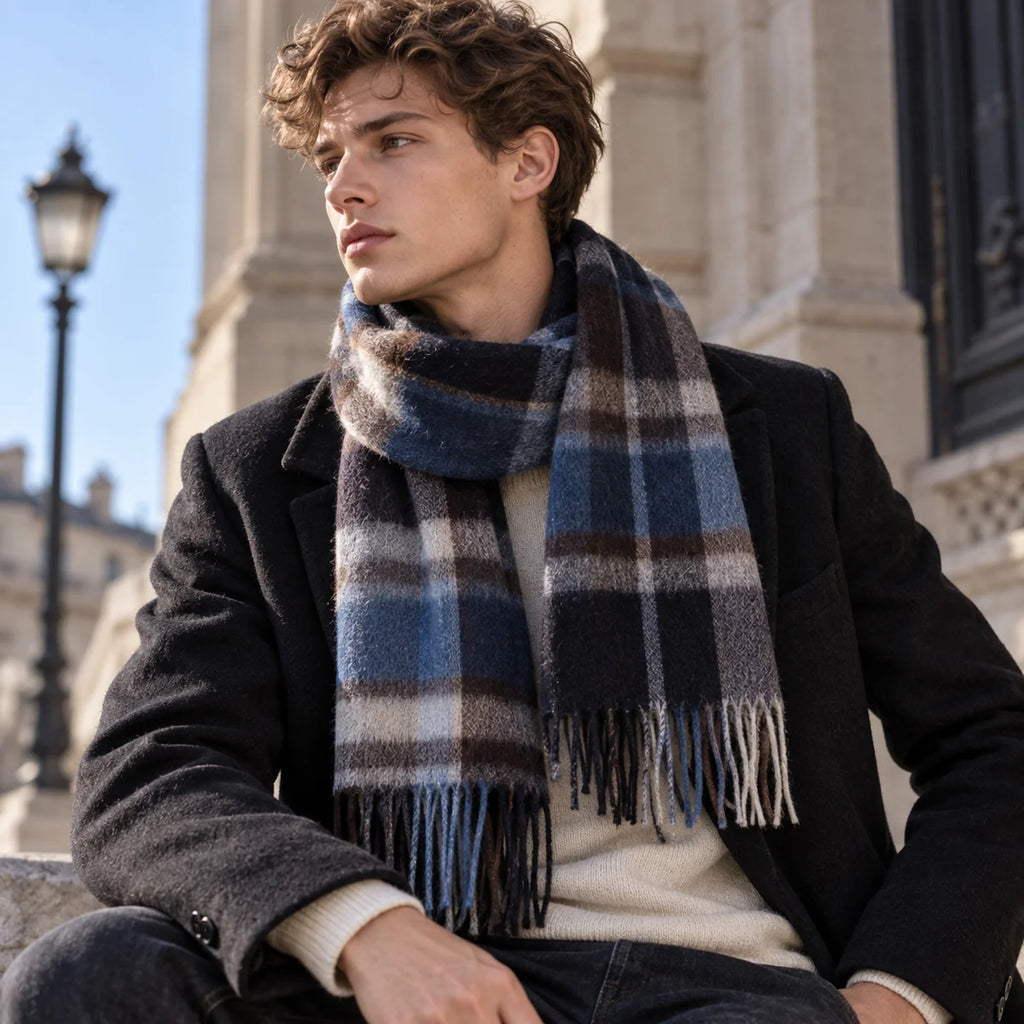 Navy Black Plaid Cashmere Scarf