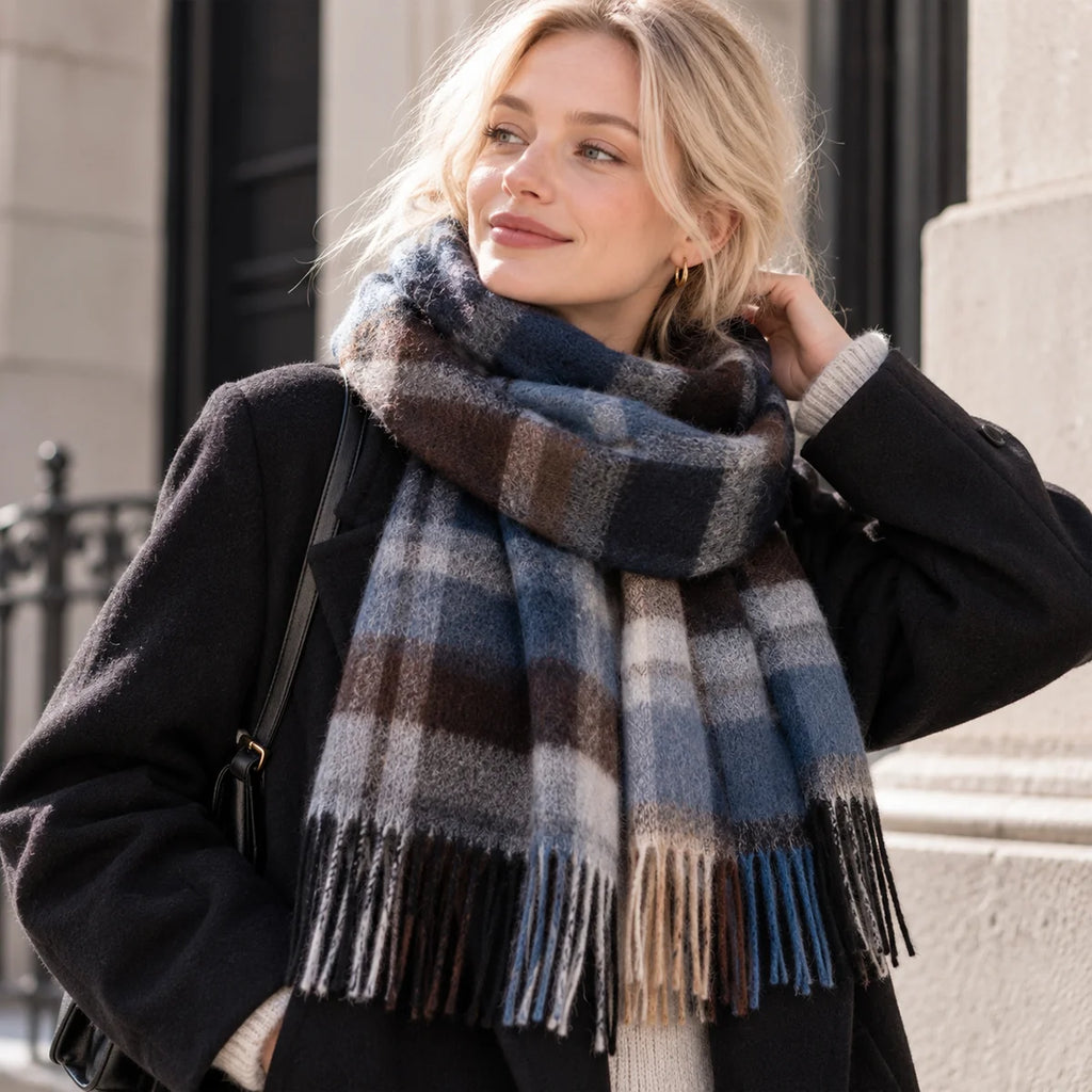 Navy Black Plaid Cashmere Scarf