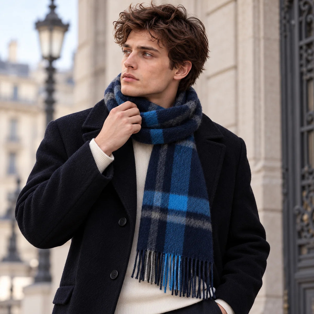 Navy Crosscheck Cashmere Scarf