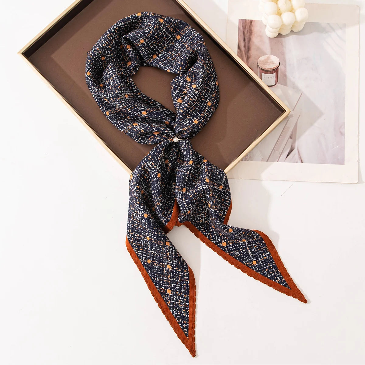 Navy Tweed Print Wool Scarf