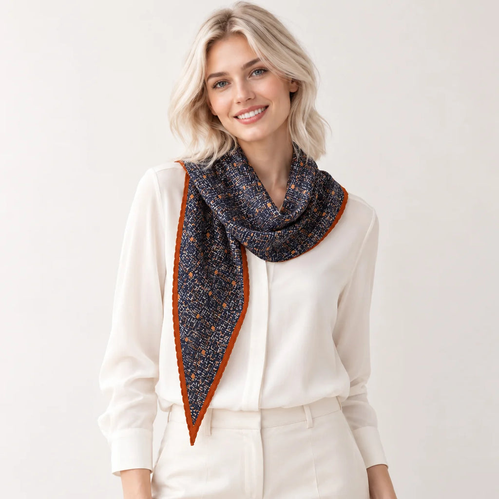 Navy Tweed Print Wool Scarf