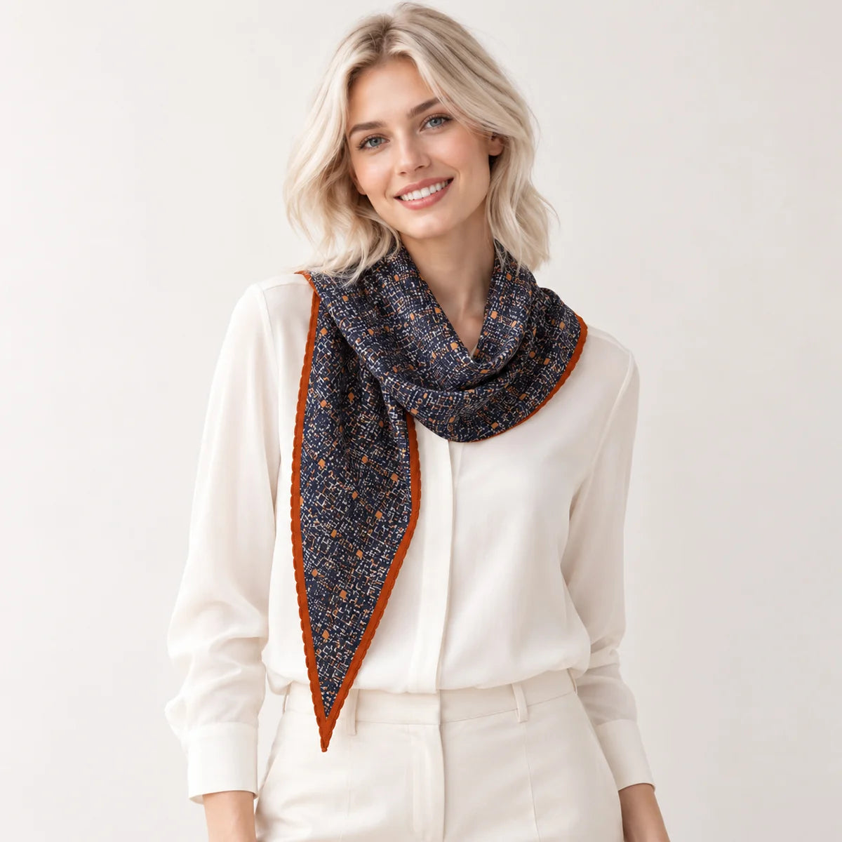 Navy Tweed Print Wool Scarf
