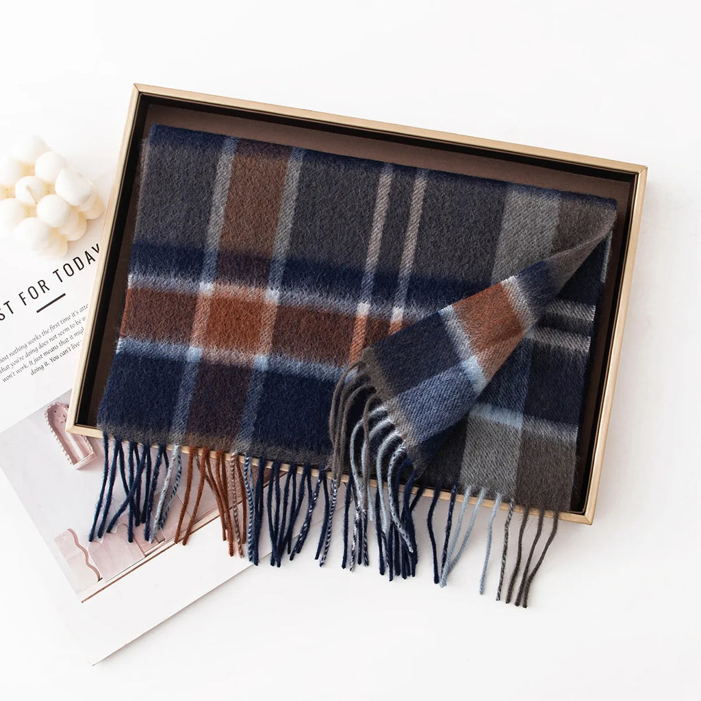 Navy Rust Plaid Cashmere Scarf