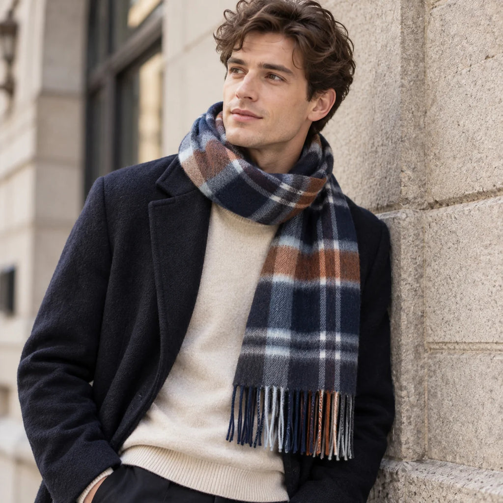 Navy Rust Plaid Cashmere Scarf