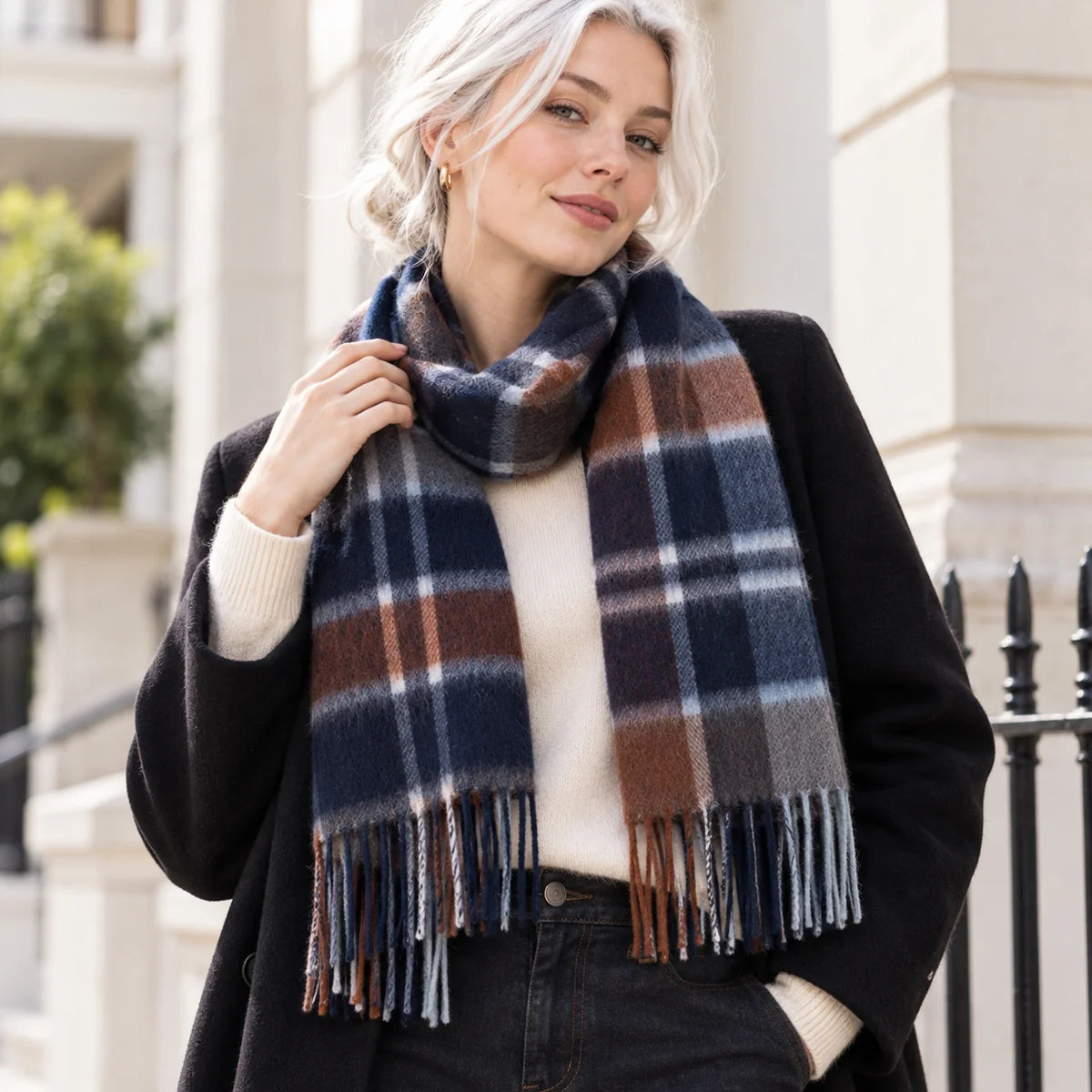 Navy Rust Plaid Cashmere Scarf