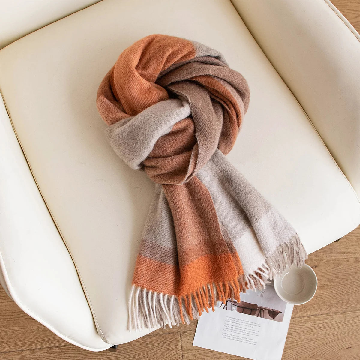Orange Taupe Color Block Cashmere Scarf