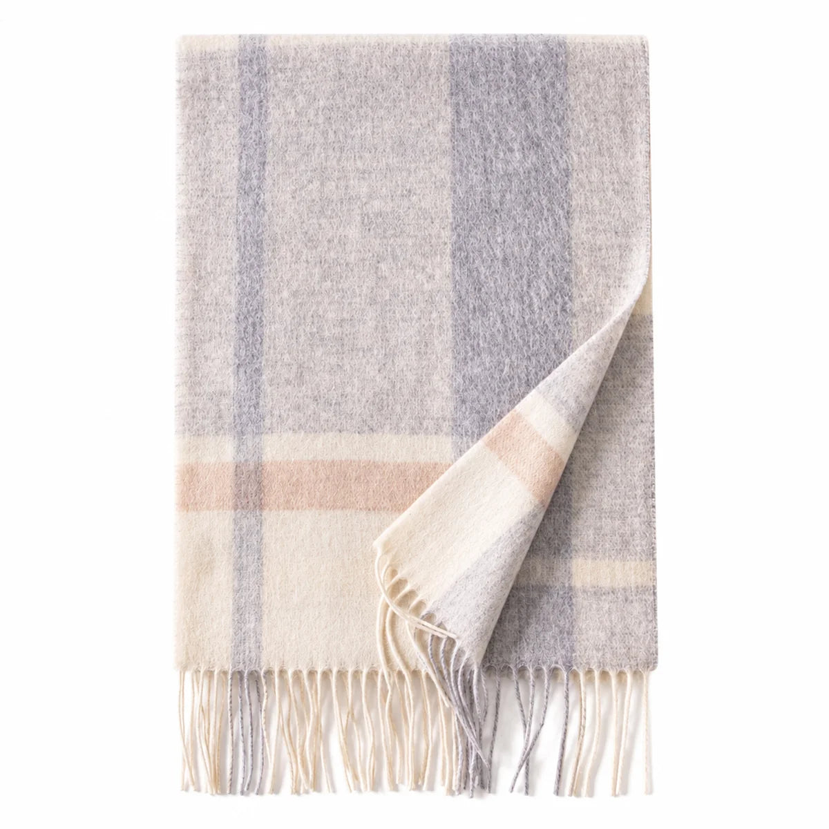Peach Gray Check Wool Scarf