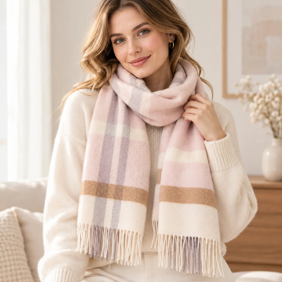 Wide Check Cashmere Scarf