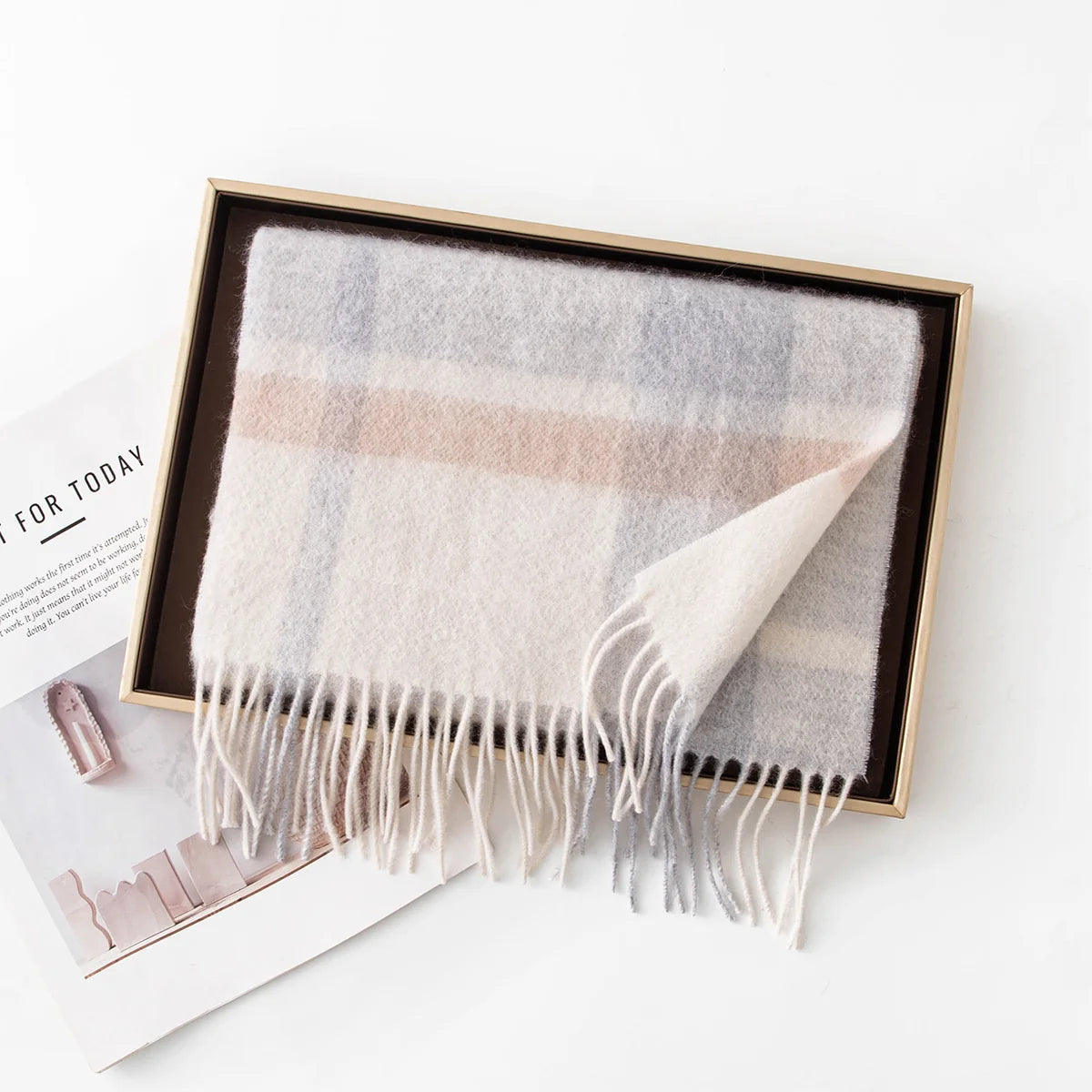 Brushed Block Plaid Cashmere Scarf