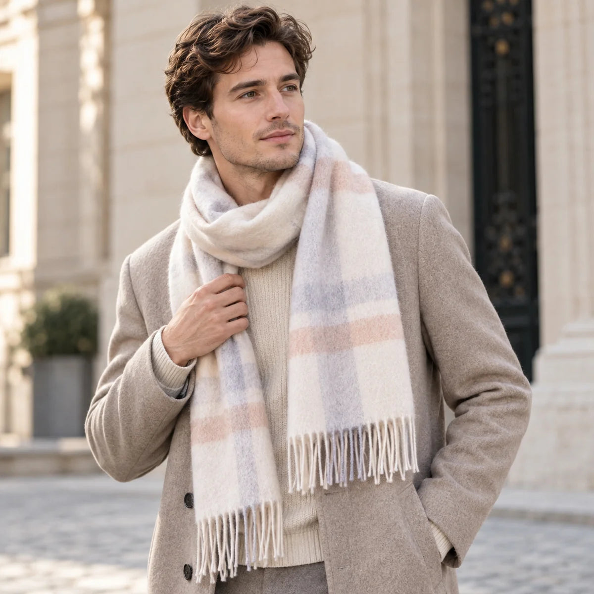 Brushed Block Plaid Cashmere Scarf