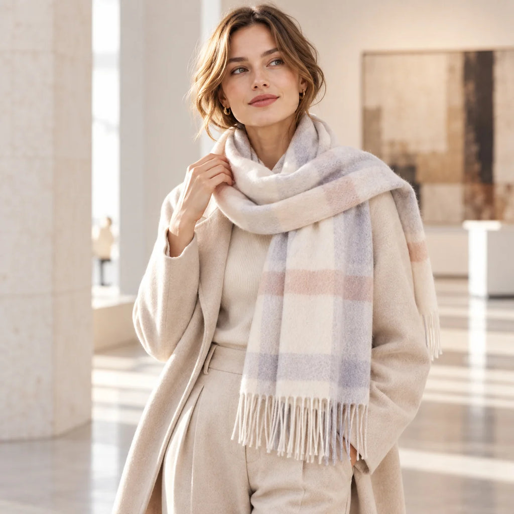 Brushed Block Plaid Cashmere Scarf