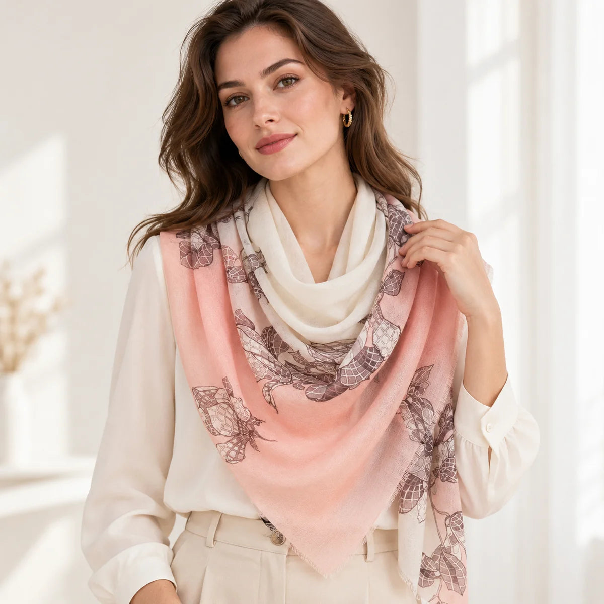 Floral Branch Print Cashmere Scarf