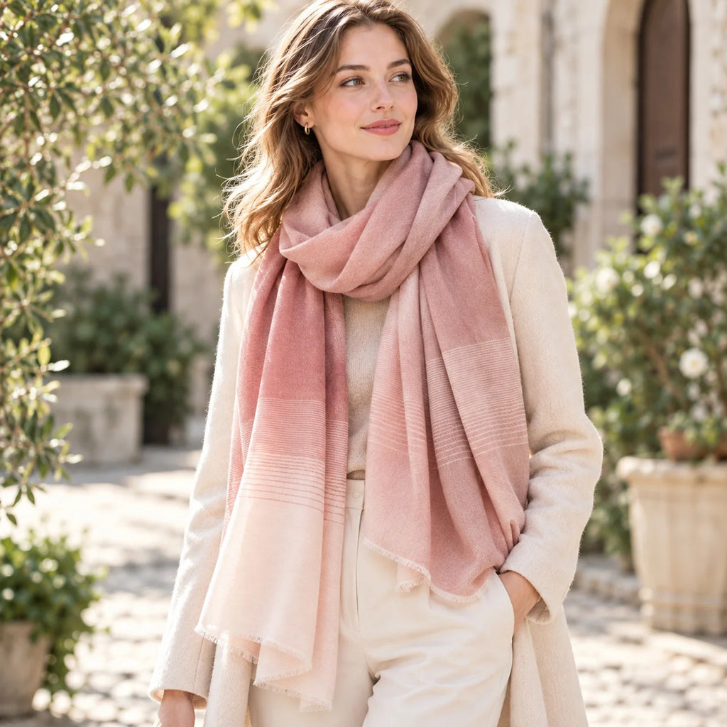 pink striped scarf woman wearing neck wrap