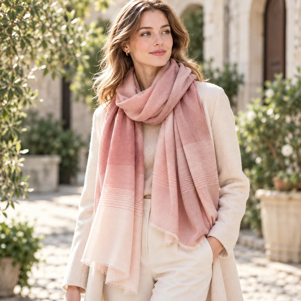 pink striped scarf woman wearing neck wrap
