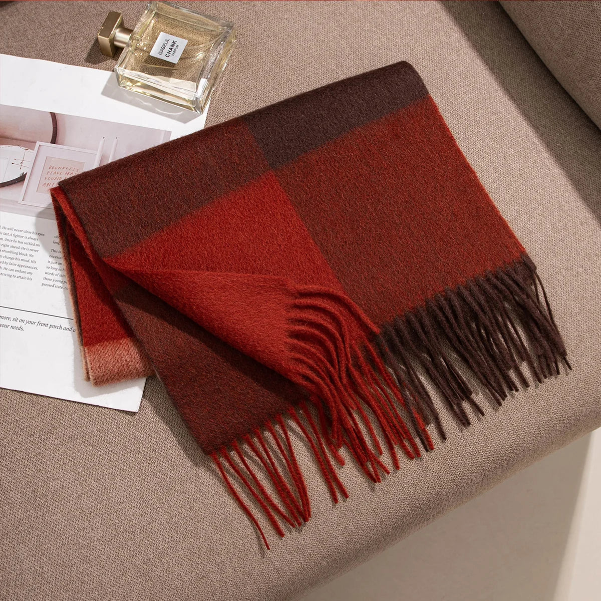 Rust Brown Check Cashmere Scarf