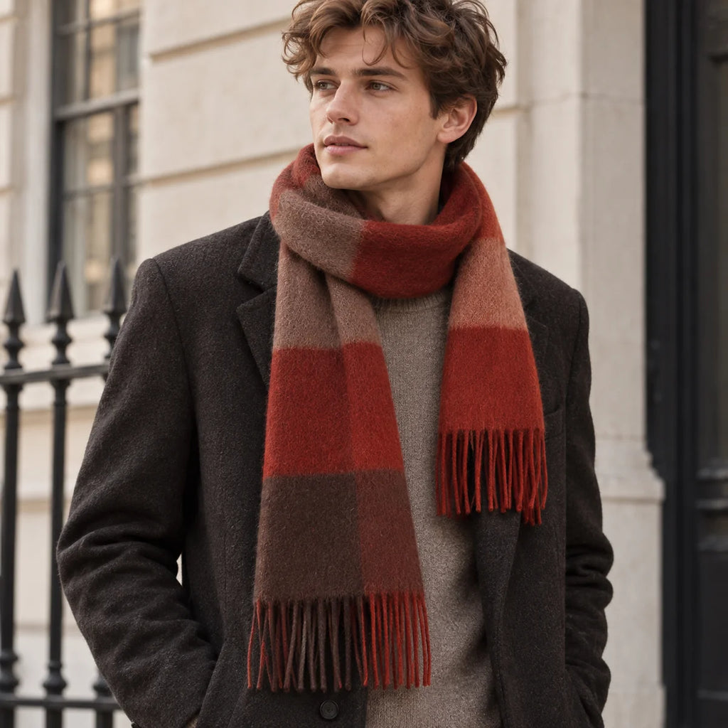 Rust Brown Check Cashmere Scarf