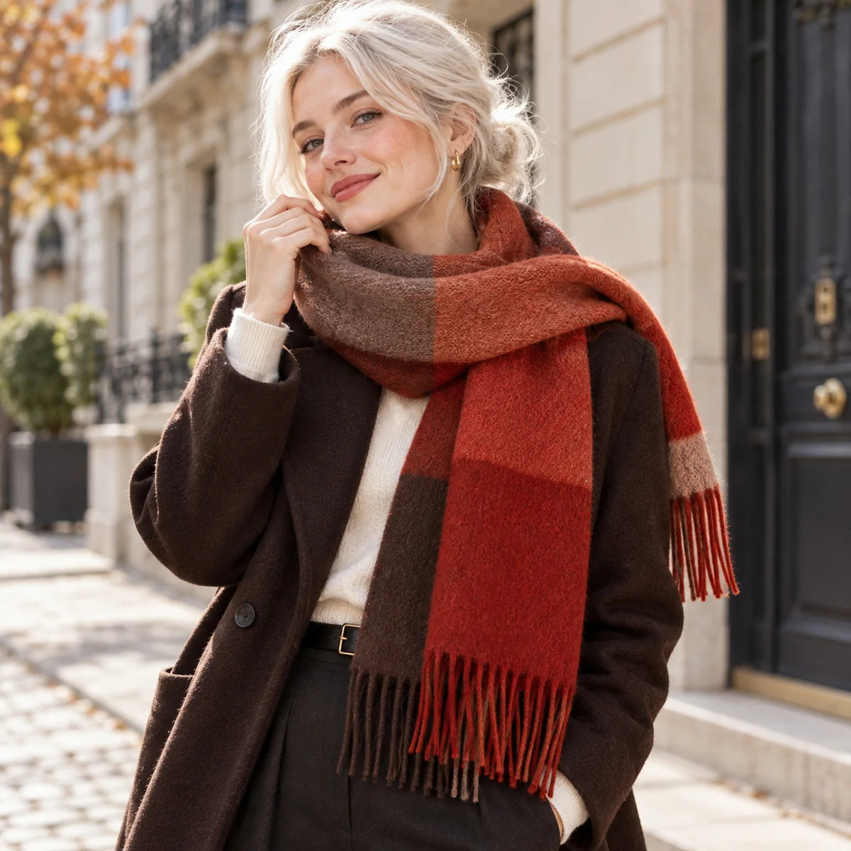 Rust Brown Check Cashmere Scarf