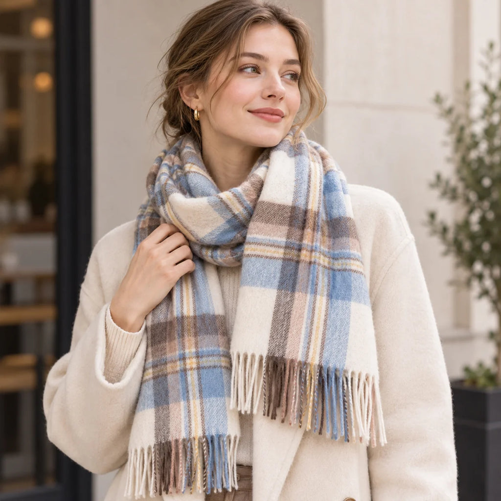 Blue and Brown Plaid Cashmere Scarf