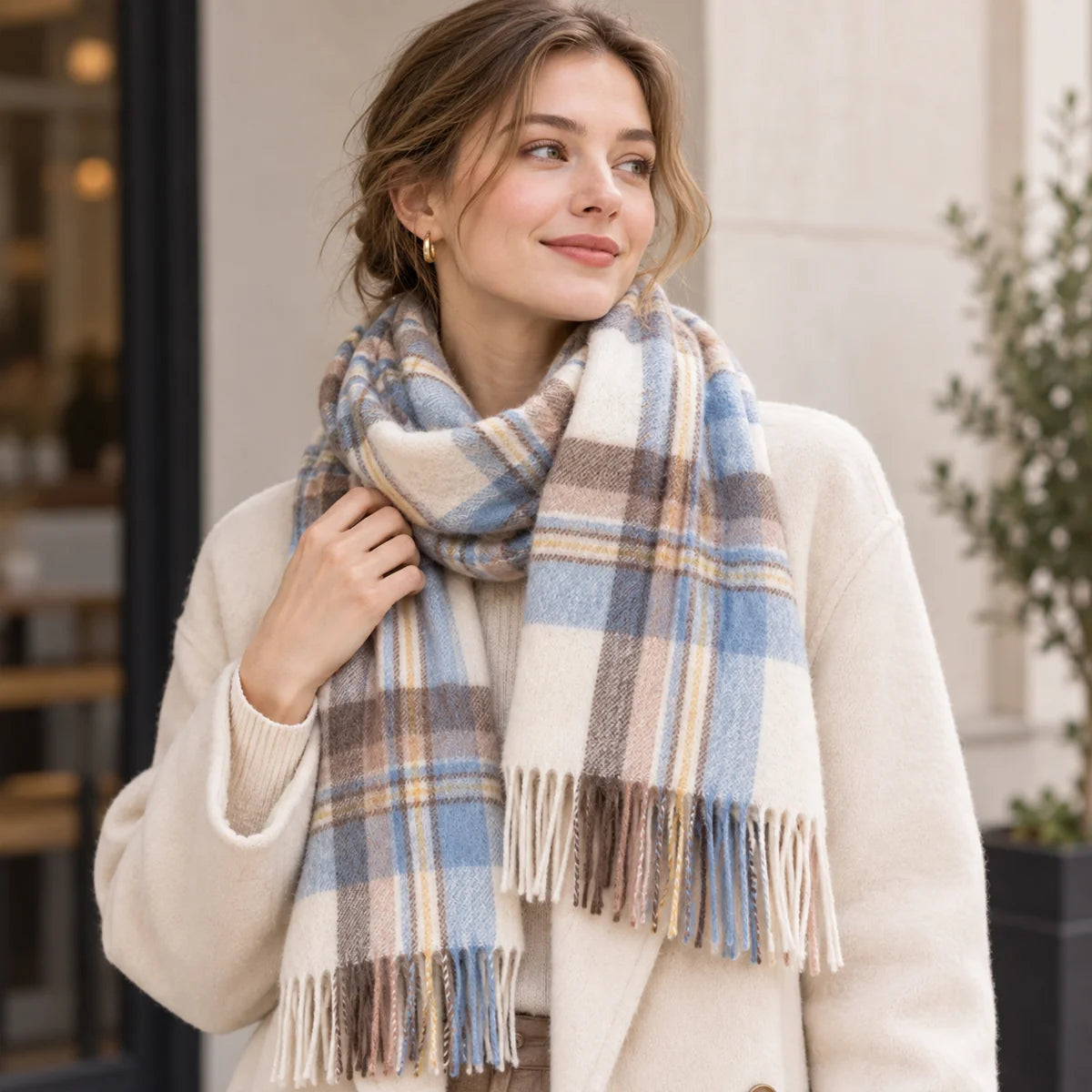 Blue and Brown Plaid Cashmere Scarf