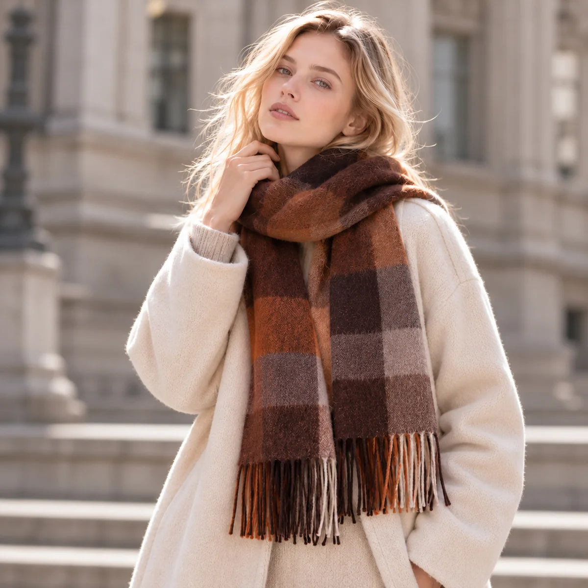 Brushed Block Check Wool Scarf