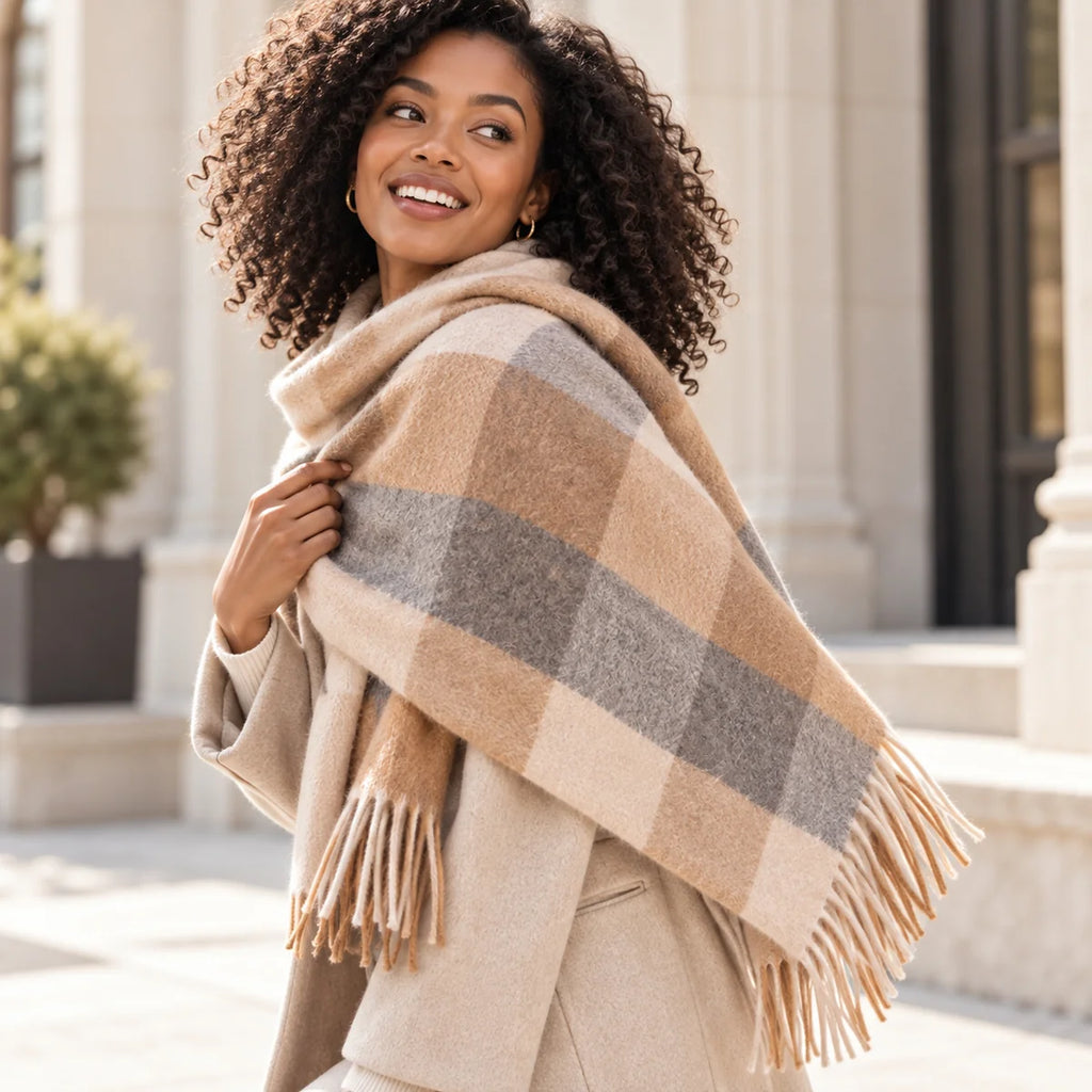 Camel Gray Check Cashmere Scarf