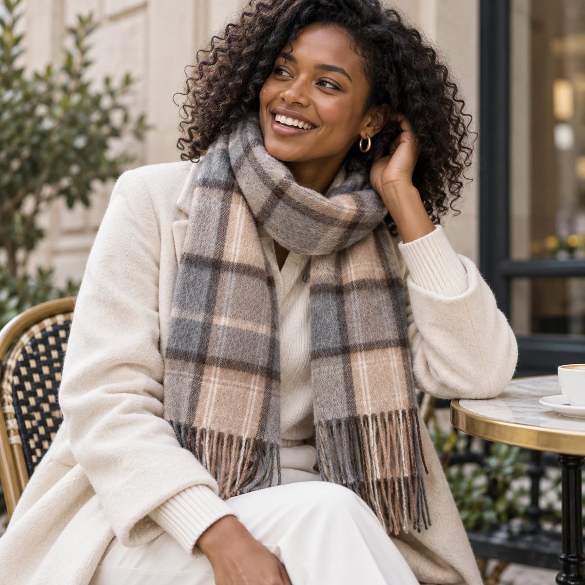 Gray and Camel Plaid Cashmere Scarf