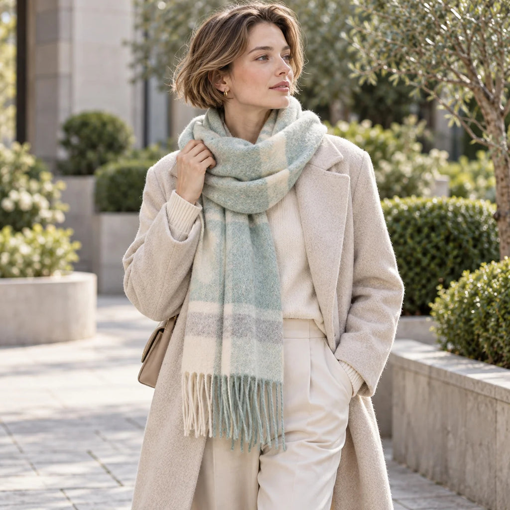 Brushed Block Check Wool Scarf